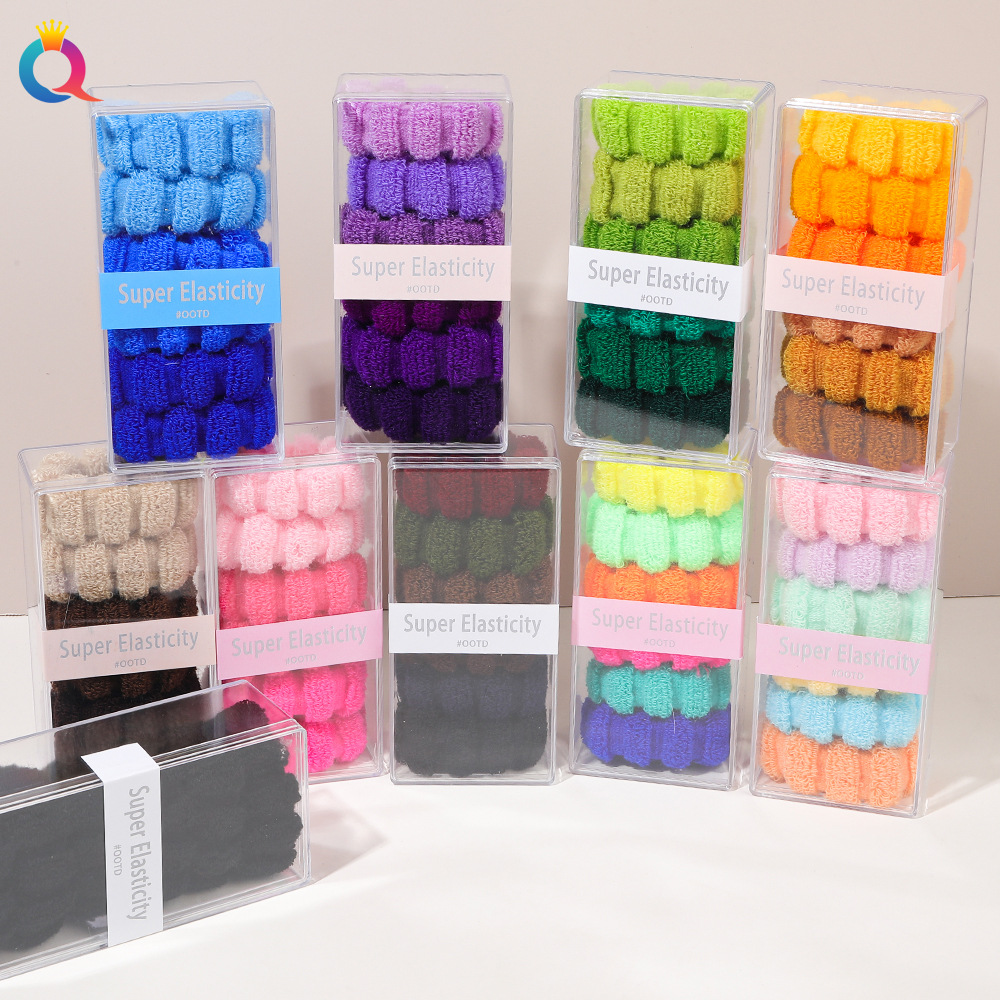 Wholesale of Qiyue's new high-elasticity basic towel band, seamless hair band, large and thick hair tie, 6 pieces of box-packed rubber bands details Picture