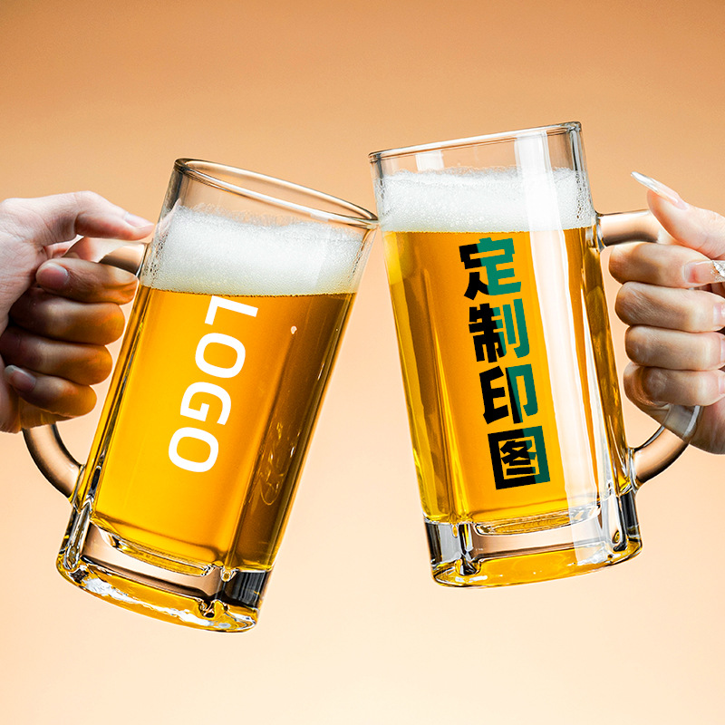 Thickened handle beer mug, high-end glass drinking cup, commercial 0.5L draft beer cup, household large-capacity handle cup full figure