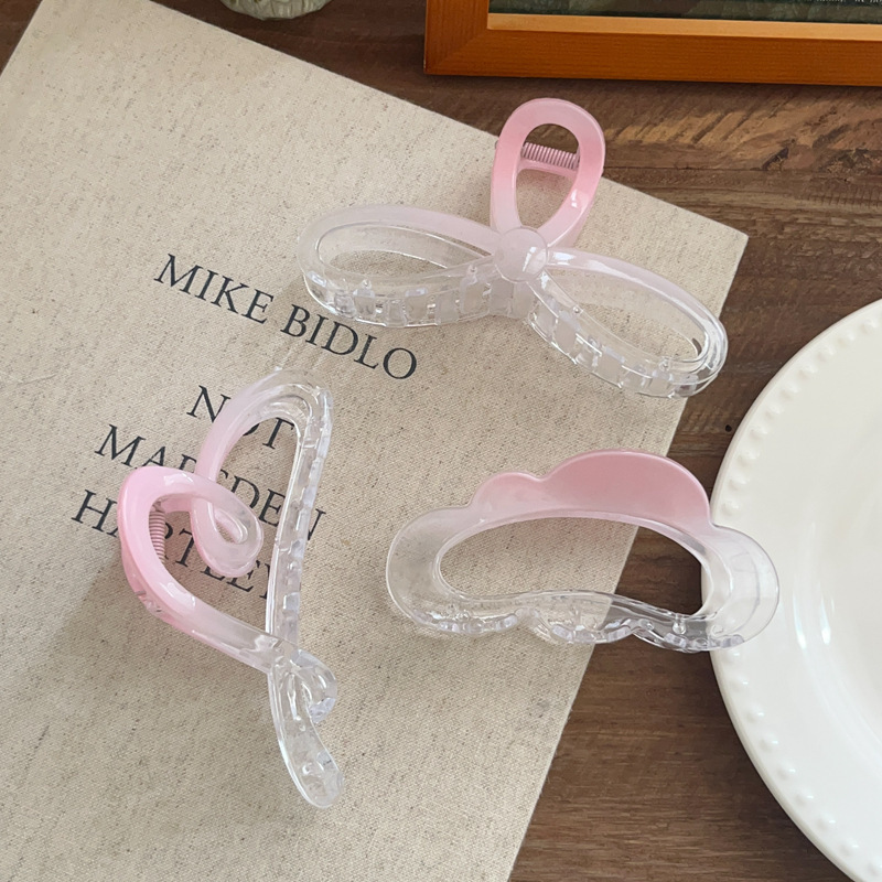 Super fairy-like transparent gradient pink grab clip, elegant bow hair clip, heart plate hair clip, shark clip at the back of the head, large size Specification drawing