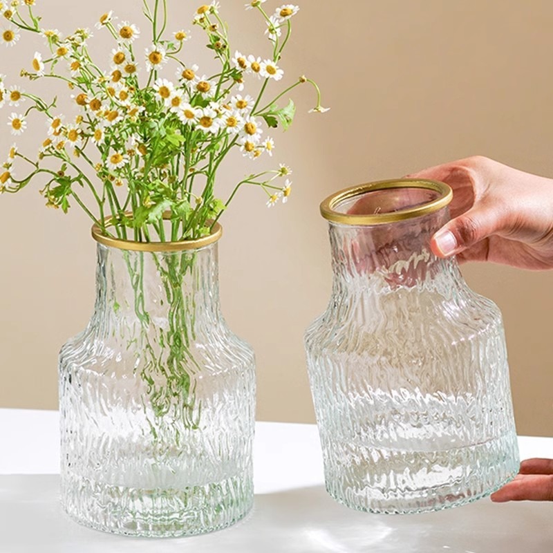 Simple hammer-patterned glass vase decoration with a light luxury and high-end feel. Wholesale of transparent water-grown fresh flower vases for the living room details Picture