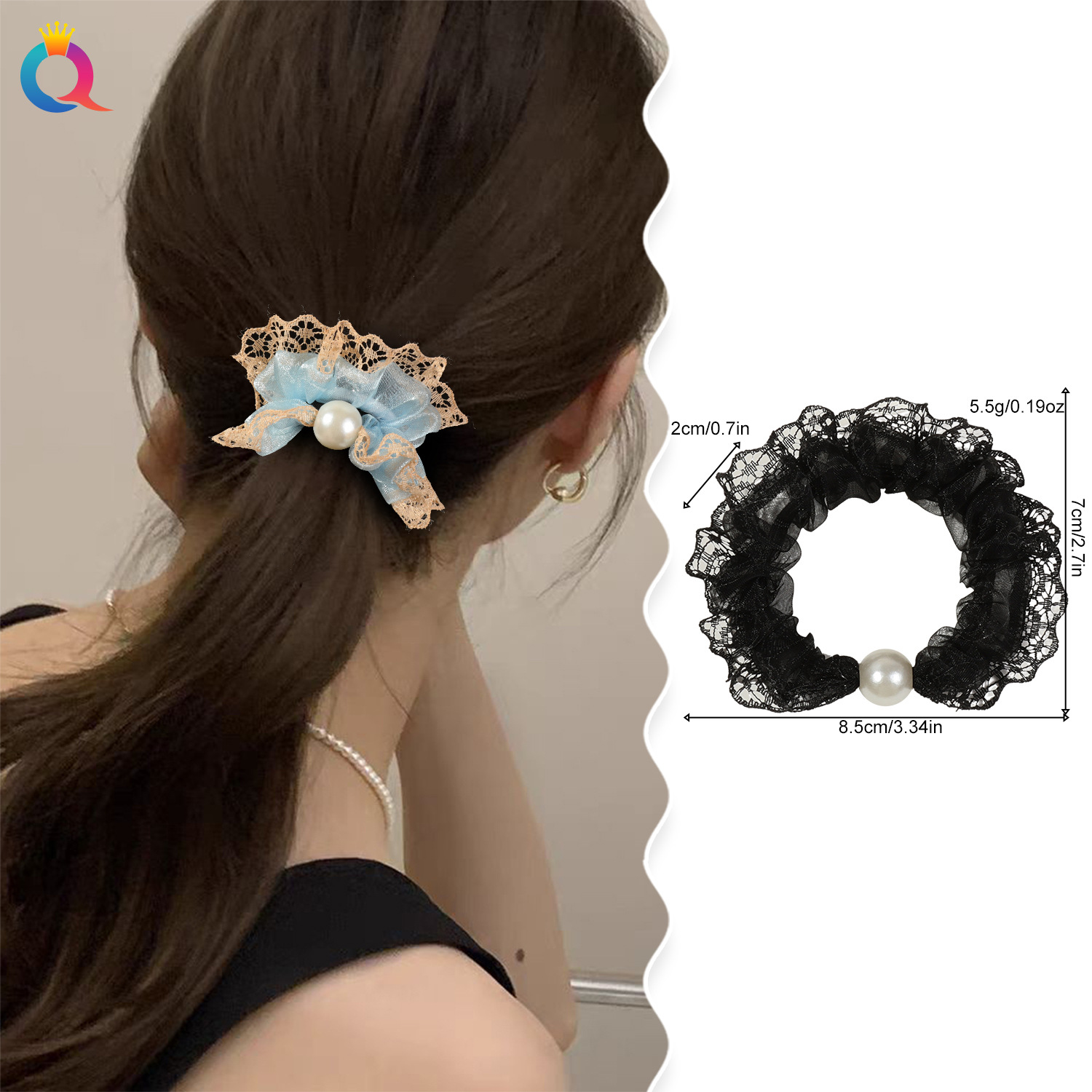 Wholesale of Qiyue's new lace mesh colored hair tie for women, simple and non-damaging hair tie, rhinocereal large intestine hair band headwear details Picture
