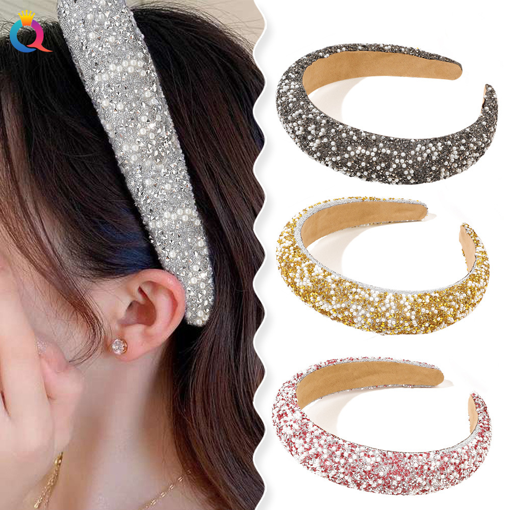 Qiyue Cross-border Sponge hairband, full diamond pearl, Korean-style super shiny, light luxury high headband, niche high-end hair accessory details Picture