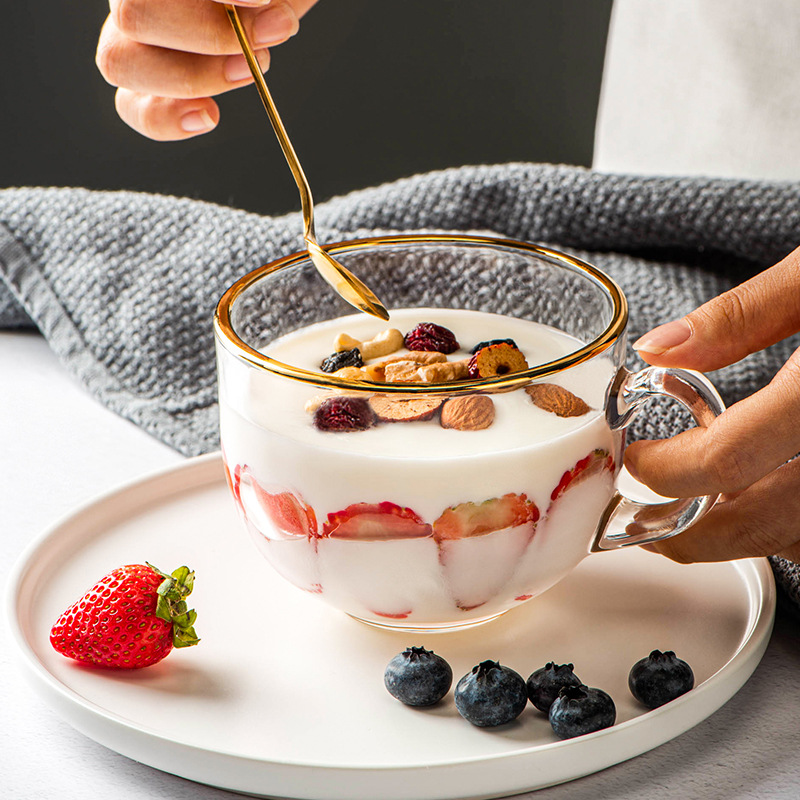 Glass cup, household large-capacity thickened milk cup with handle, high appearance level water cup, simple covered transparent cereal cup details Picture