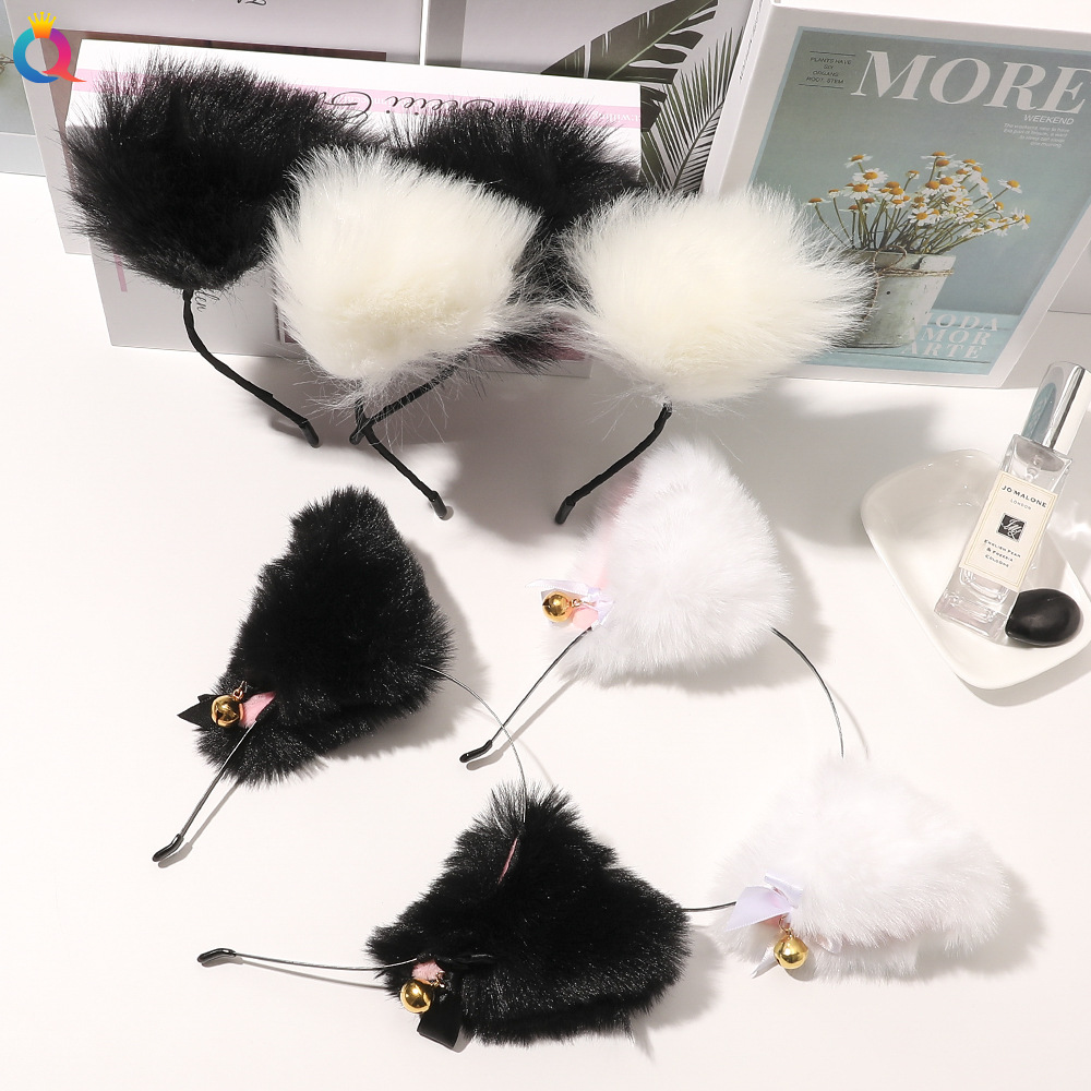 Qiyue cute plush cat ear bell bow Lolita headwear Fox ear accessories cat ear headband details Picture