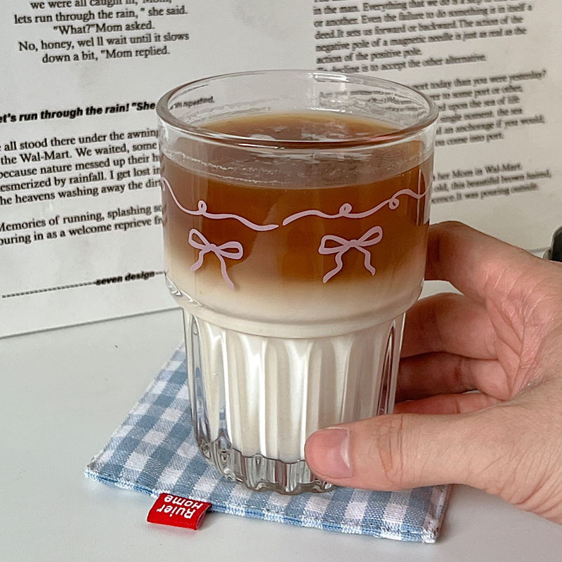 Cartoon Ins-style pink bow glass cup, girlish cold brew juice cup, milk coffee cup, breakfast cup details Picture