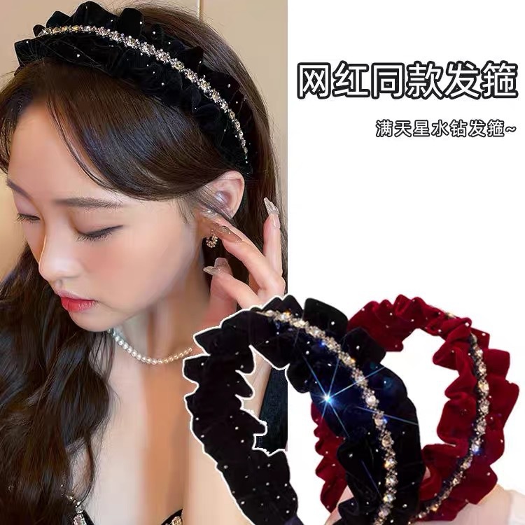 Full Sky Star water diamond velvet red hair band for women's spring hair accessory, high-end face-washing pleated hair band, small fragrance hair band Specification drawing