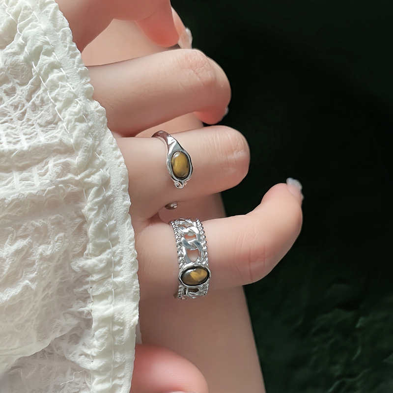 Korean version of Maillard Tiger's Eye open ring for women, adjustable, niche design, retro, fashionable, simple and versatile ring full figure