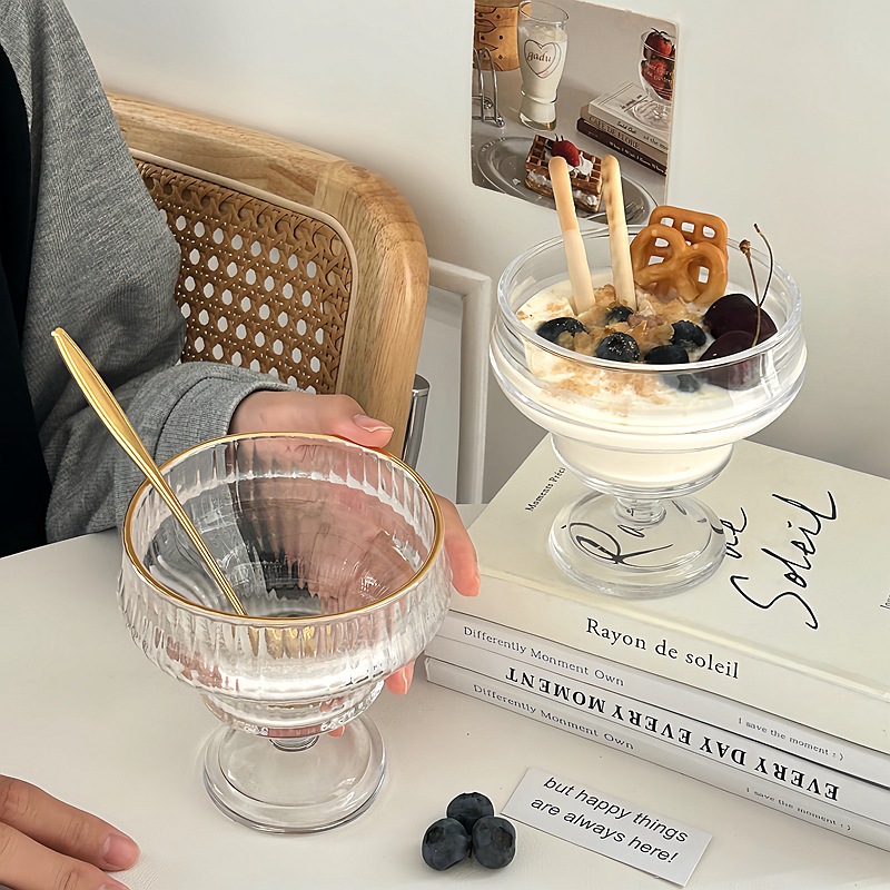 Bolimei vertical patterned glass ice cream cups, fruit cups, girlish water cups, glass cups, dessert cups, milkshake cups details Picture