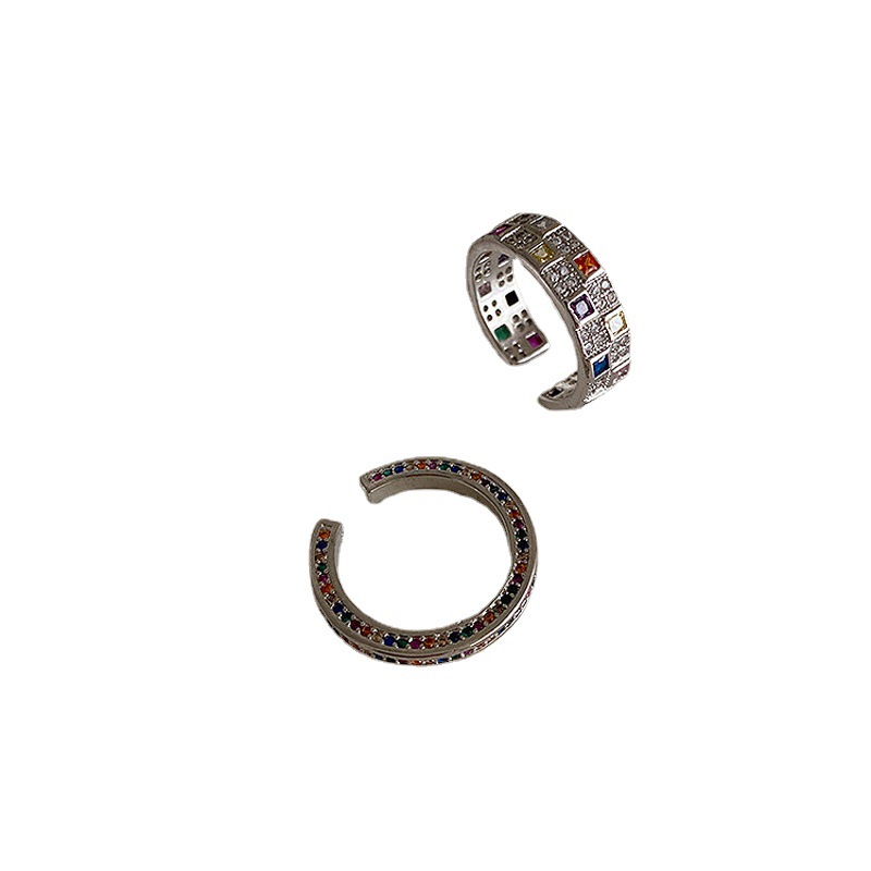 High-end colored zircon checkerboard pattern light luxury open ring for women, simple and versatile, elegant and fashionable food ring Item Picture
