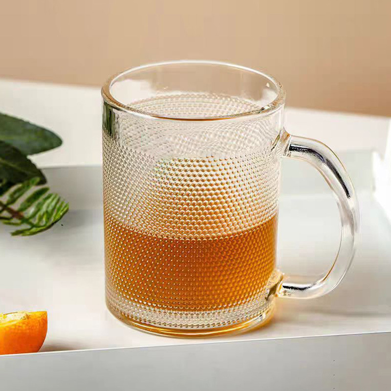Household beaded glass cups, light luxury and high-end drinking cups, high appearance level, juice and beverage cups with handles, commercial coffee cups full figure