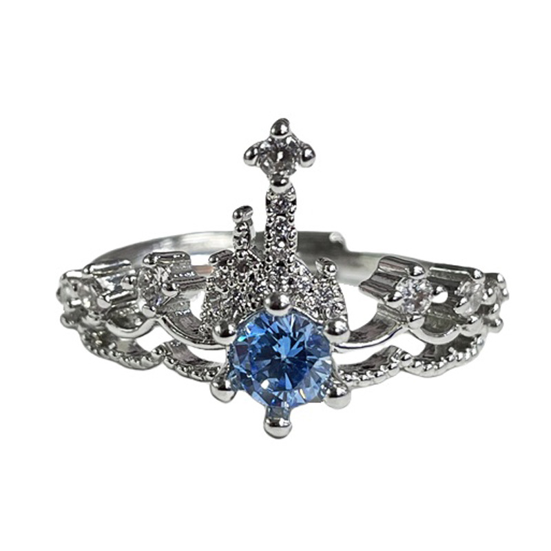 Aquamarine zircon crown with row of diamonds and open ring, a cool and stylish layering ring for women on Instagram, exuding a sweet and sophisticated vibe Item Picture