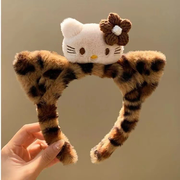 Cute cat sauce ~ Black Kitty cat ears, leopard print plush hair band, women's face wash makeup headband, cartoon hair accessory Specification drawing