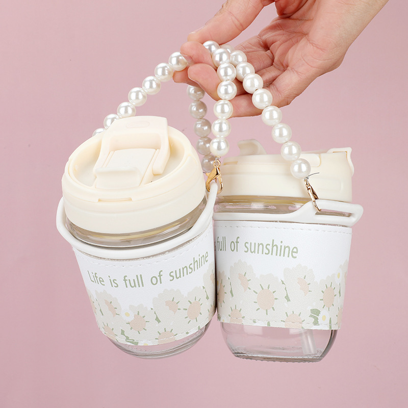 High appearance level ins pearl coffee cup, glass cup with straw, office drinking cup, hand-held creative double-drinking cup details Picture