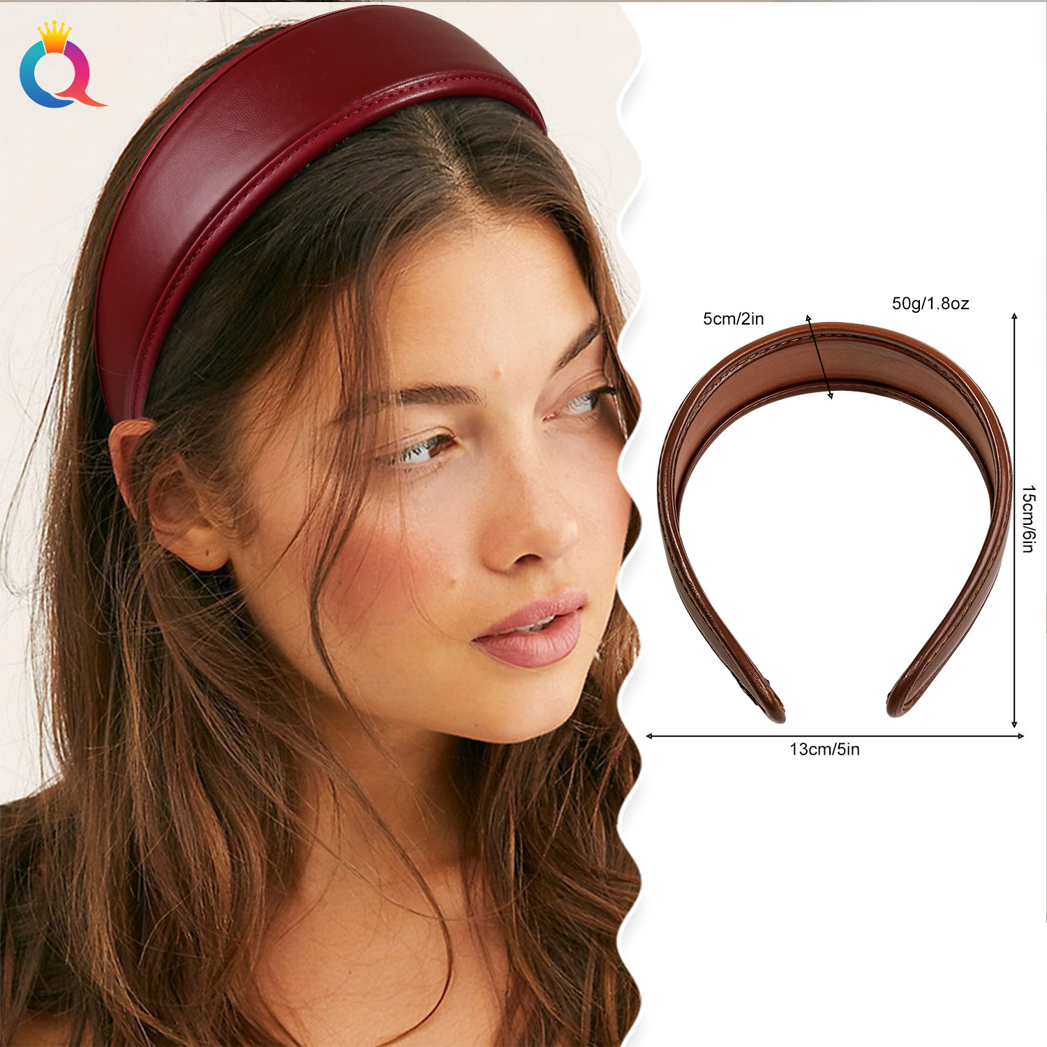 Qiyue Europe and America Cross-border New leather hair bands, simple wide-edge PU headbands, fashionable anti-slip women's hair clips and hair accessories wholesale Specification drawing