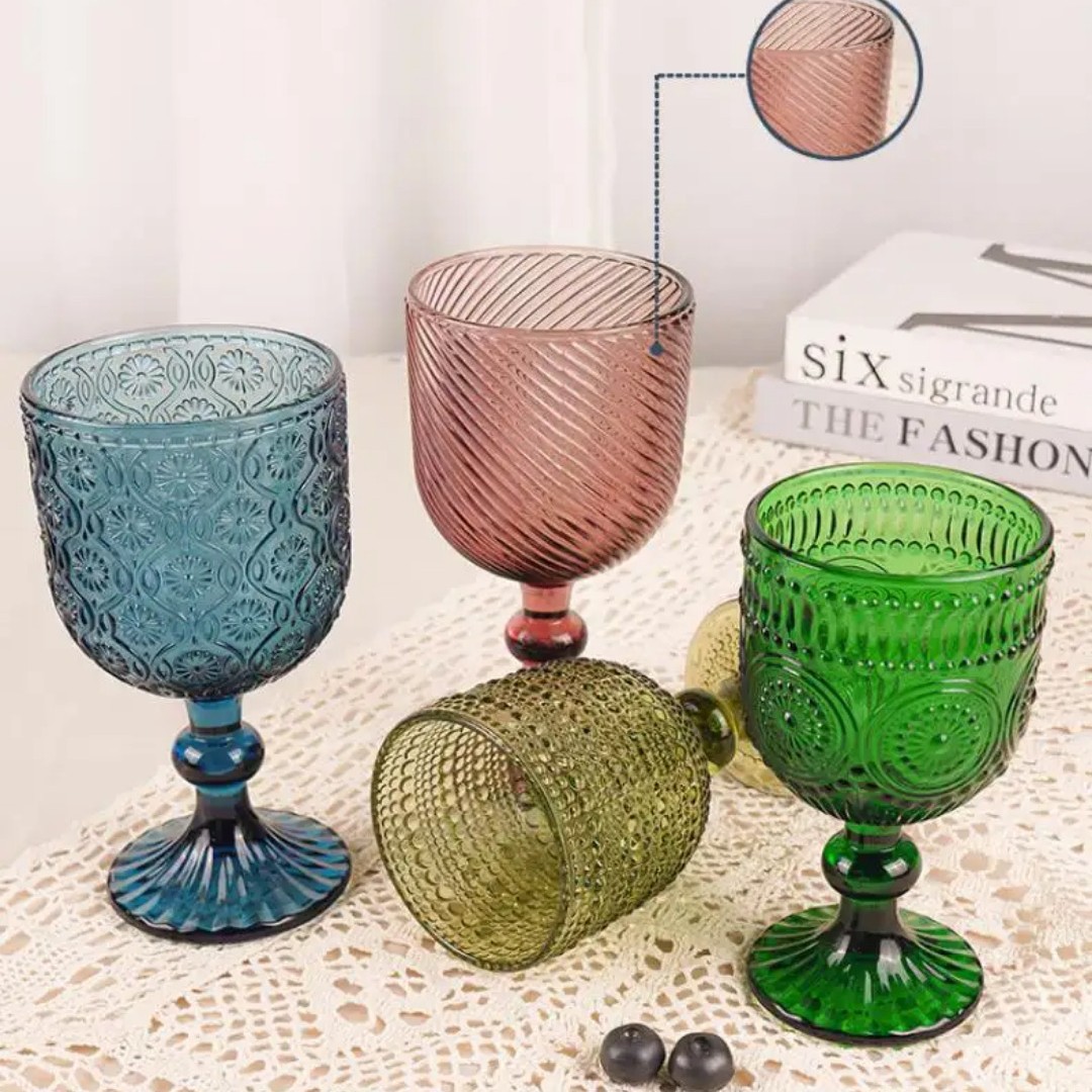 Factory wholesale European retro embossed red wine glasses, glass highball glasses, creative export wine glasses, household colored thickened ones Specification drawing
