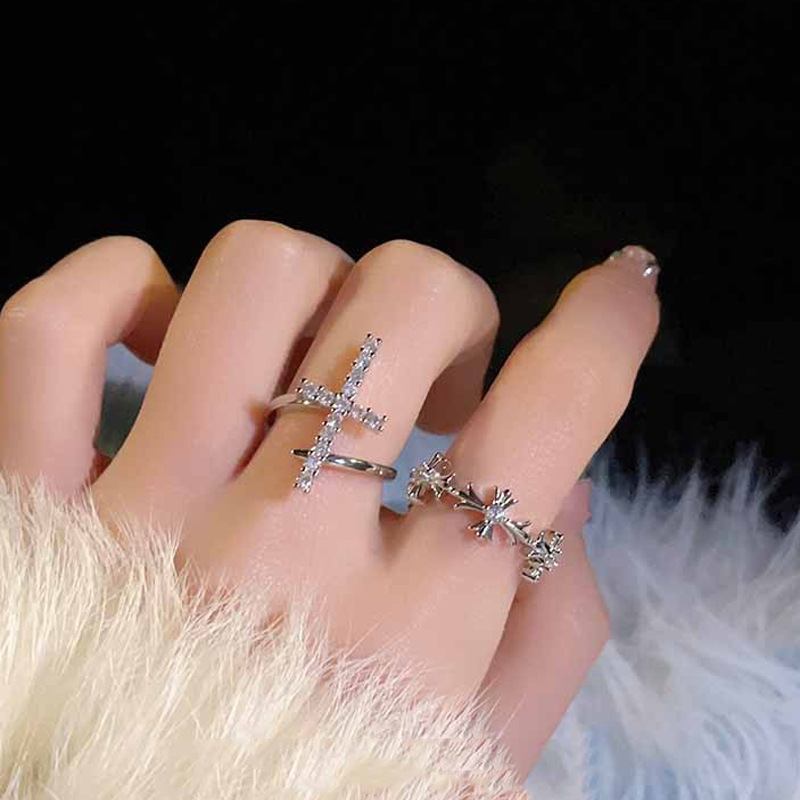 French gentle zircon cross open ring, a high-end ring with a cold and elegant feminine style, a personalized index finger ring trend Specification drawing