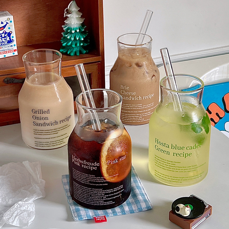 Instagram blogger's large-capacity high-temperature resistant glass cup, simple letter milk tea cup, milk cup, coffee cup, cold brew glass bottle full figure