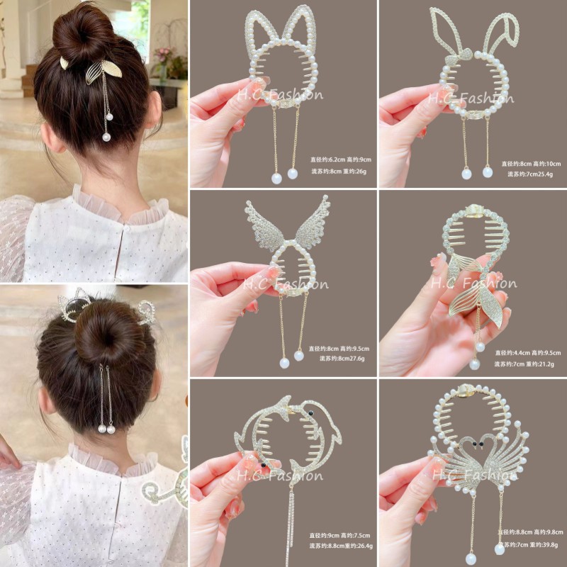 A must-have for fixing children's bun hair: Pearl water diamond clipper, no damage to the back of the head, ponytail buckle, girls' hairpin headwear full figure