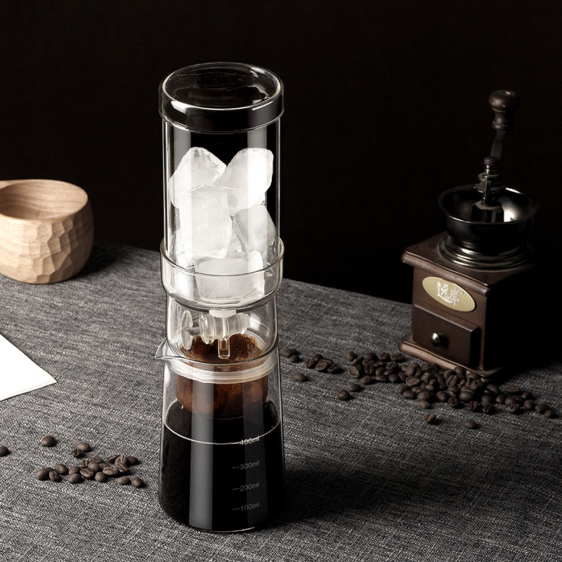 A household cold drip coffee maker with transparent high borosilicate heat-resistant glass and a closed inverted drip filter for cold brew coffee Specification drawing