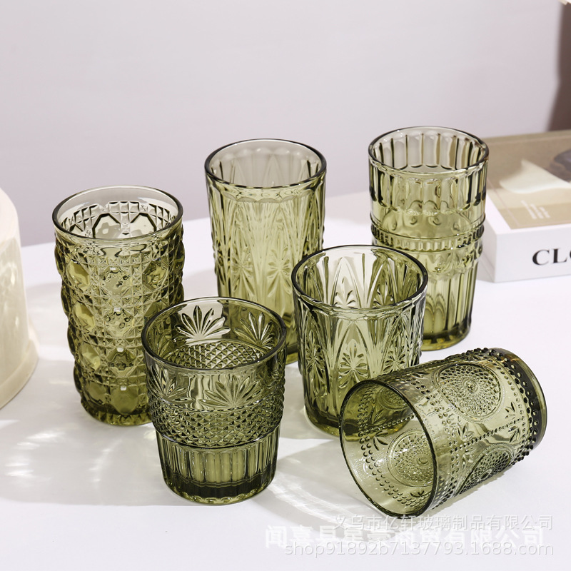 Factory wholesale vintage embossed glass water cups, hotel supplies, mouthwash cups, juice cups, toiletry cups, thickened straws Specification drawing