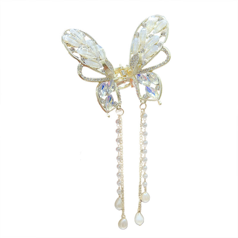 The new crystal butterfly pearl tassel gripper is a high-end and elegant semi-tied hair accessory for the back of the head, featuring a shark clip Item Picture