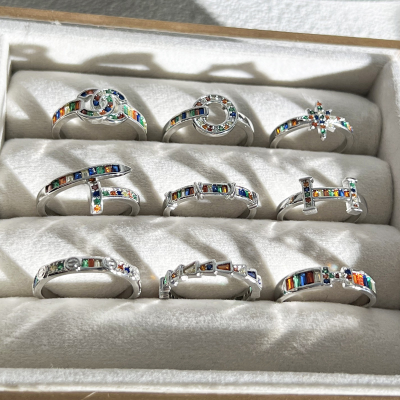 Sweet and cool rainbow diamond geometric opening ring for women, irregular, exquisite, fashionable and versatile index finger ring, with a niche design sense Specification drawing