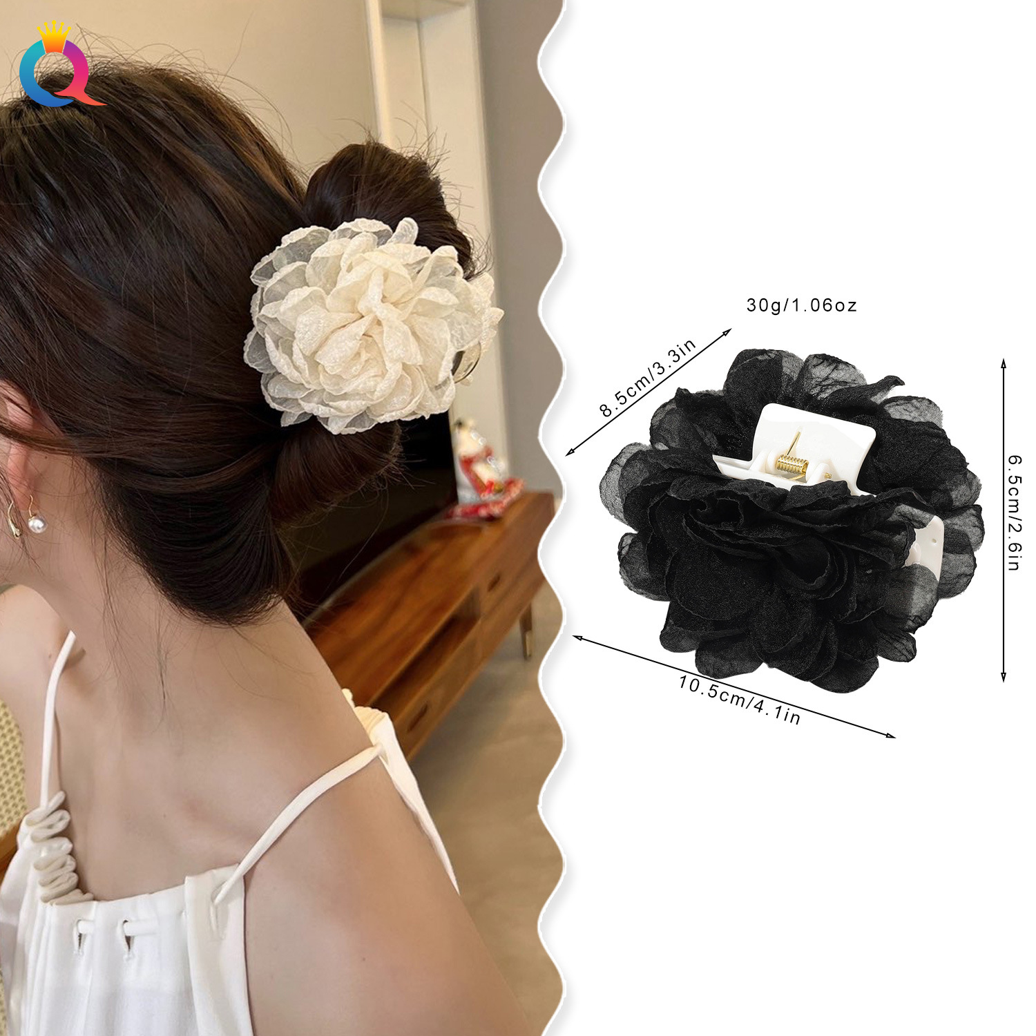 Qiyue Chiffon flower grabber with a high-end feel, shark clip at the back of the head, simple updo, hair grabber, hair accessory wholesale details Picture