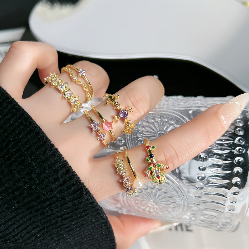 A new Korean version iris purple diamond double-layer open ring for women's exquisite colored diamonds, fashionable and niche cold style index finger ring full figure