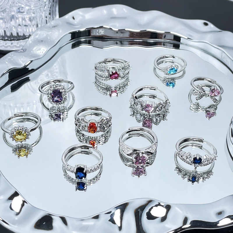 French exquisite colored gemstone series, niche open ring, women's high-end, light luxury, sweet and cool, geometric style, versatile ring Specification drawing