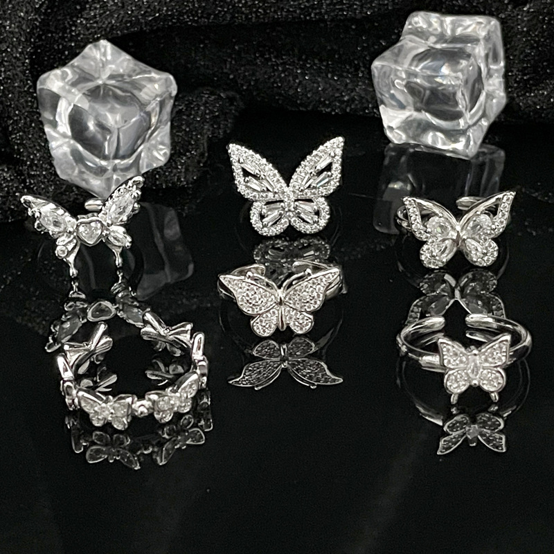 Simple butterfly full diamond, light luxury and high-end open ring, women's Instagram cold style, versatile and niche design index finger ring Specification drawing