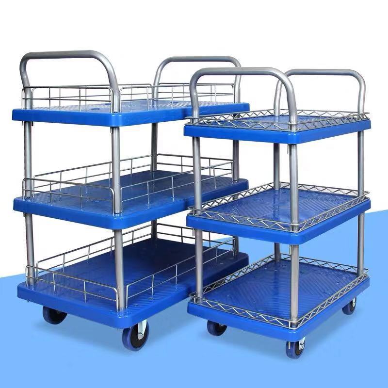 Double-layer flatbed truck, silent handcart, push truck, 3-layer four-wheel small trolley, push cart, warehouse trailer, handling vehicle Specification drawing