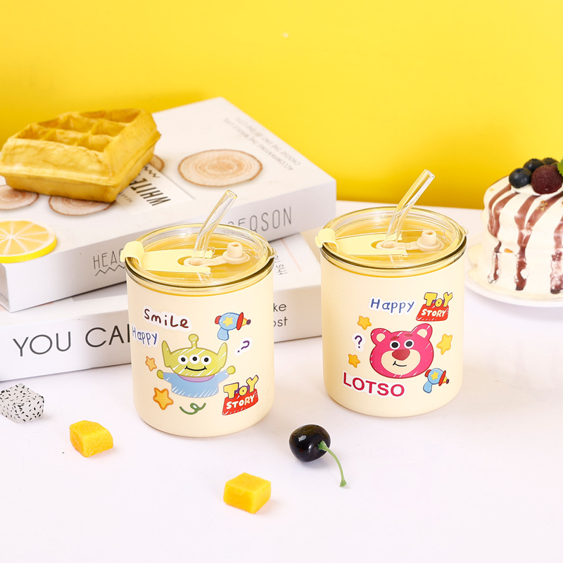 Instagram-style niche glass straw cup for girls, high appearance level, cute cartoon, portable and anti-drop, popular glass water cup details Picture