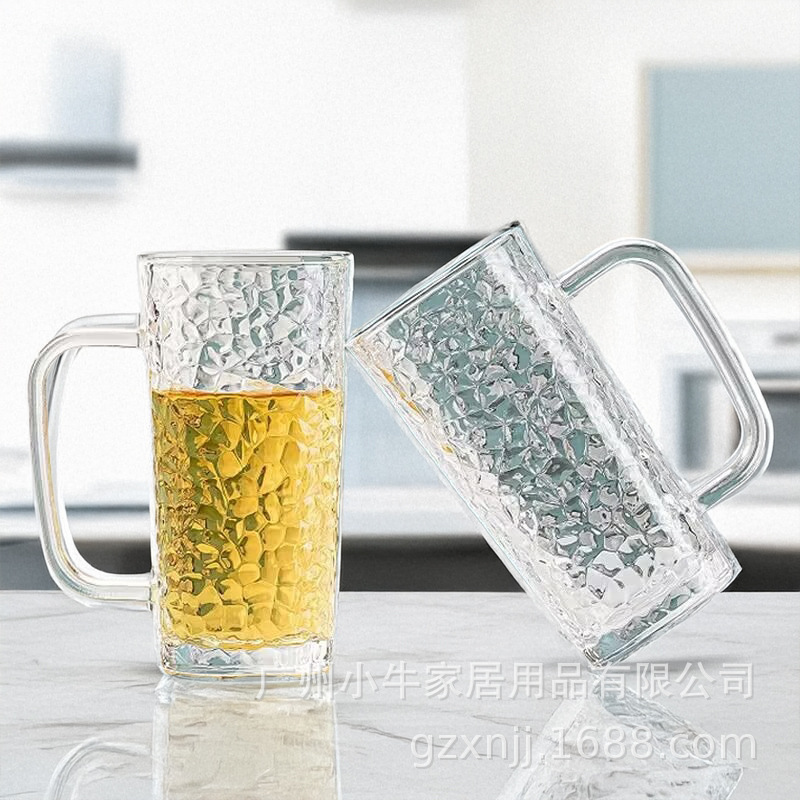 Simple style ins glass handle straight square cup, milk handle cup, beverage cup, milkshake cup, square hammer-patterned coffee cup details Picture