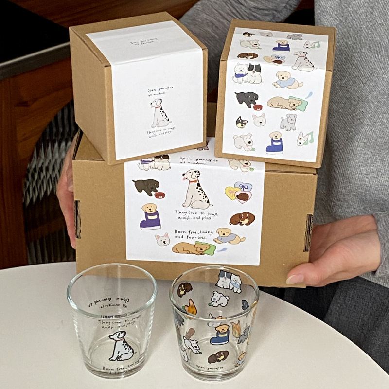 Cartoon puppy set, glass cup, cartoon cute hook water cup, small wine cup, juice couple cup gift set full figure