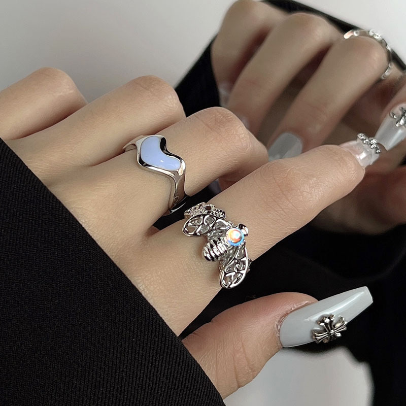 Haze Blue Butterfly heart-shaped ring, a niche design for women, with a French ins style, a unique, light luxury and high-end open ring details Picture
