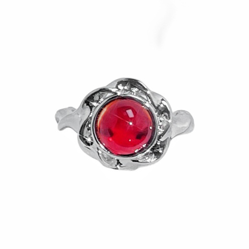 New irregularity texture open ring for women, red stone, sweet and cool personality, versatile index finger ring, cold style ring Item Picture