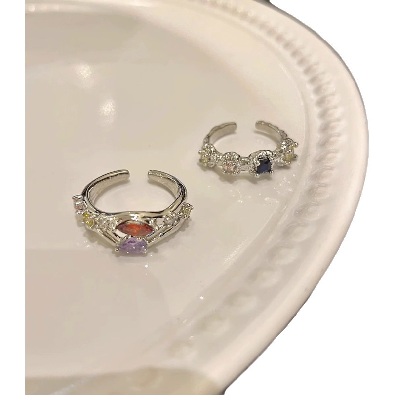 Sweet and cool colored zircon open ring for women, French exquisite layering, cold style adjustable ring, personalized index finger ring Item Picture