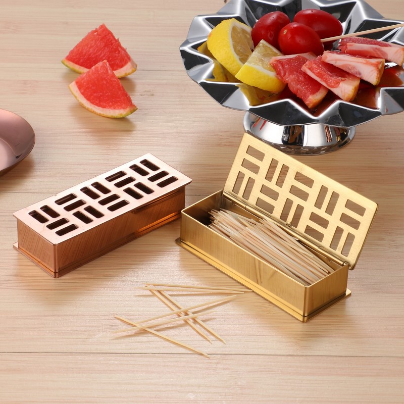 Thickened stainless steel toothpick holder, toothpick seat, table fruit pick, fruit fork seat, hotel restaurant toothpick bottle, European toothpick box Application Scenario