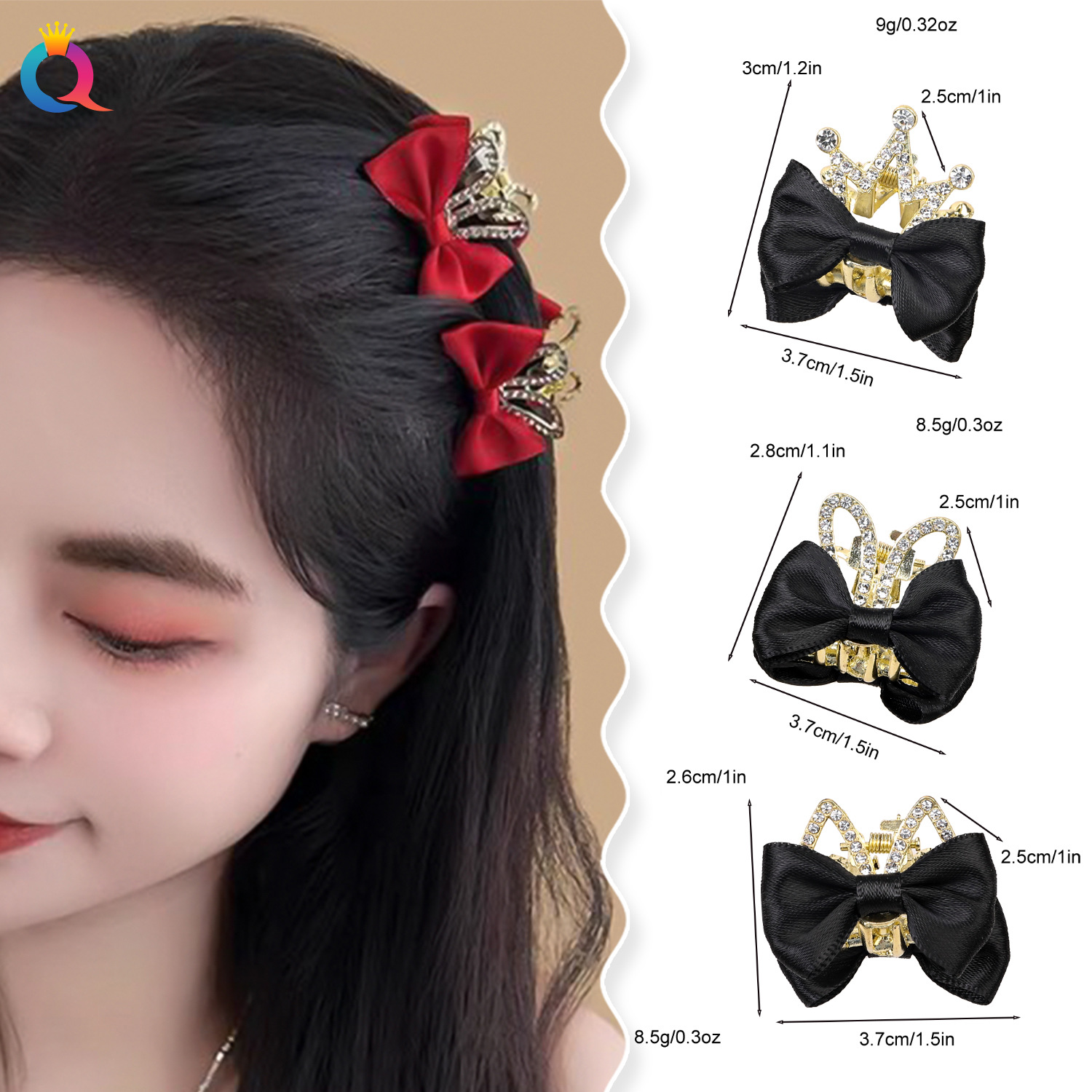 Wholesale of Qiyue cute bow hair clips, diamond metal hair clips, small female trumpet, semi-tied hair clips, shark clips, and hair accessories details Picture