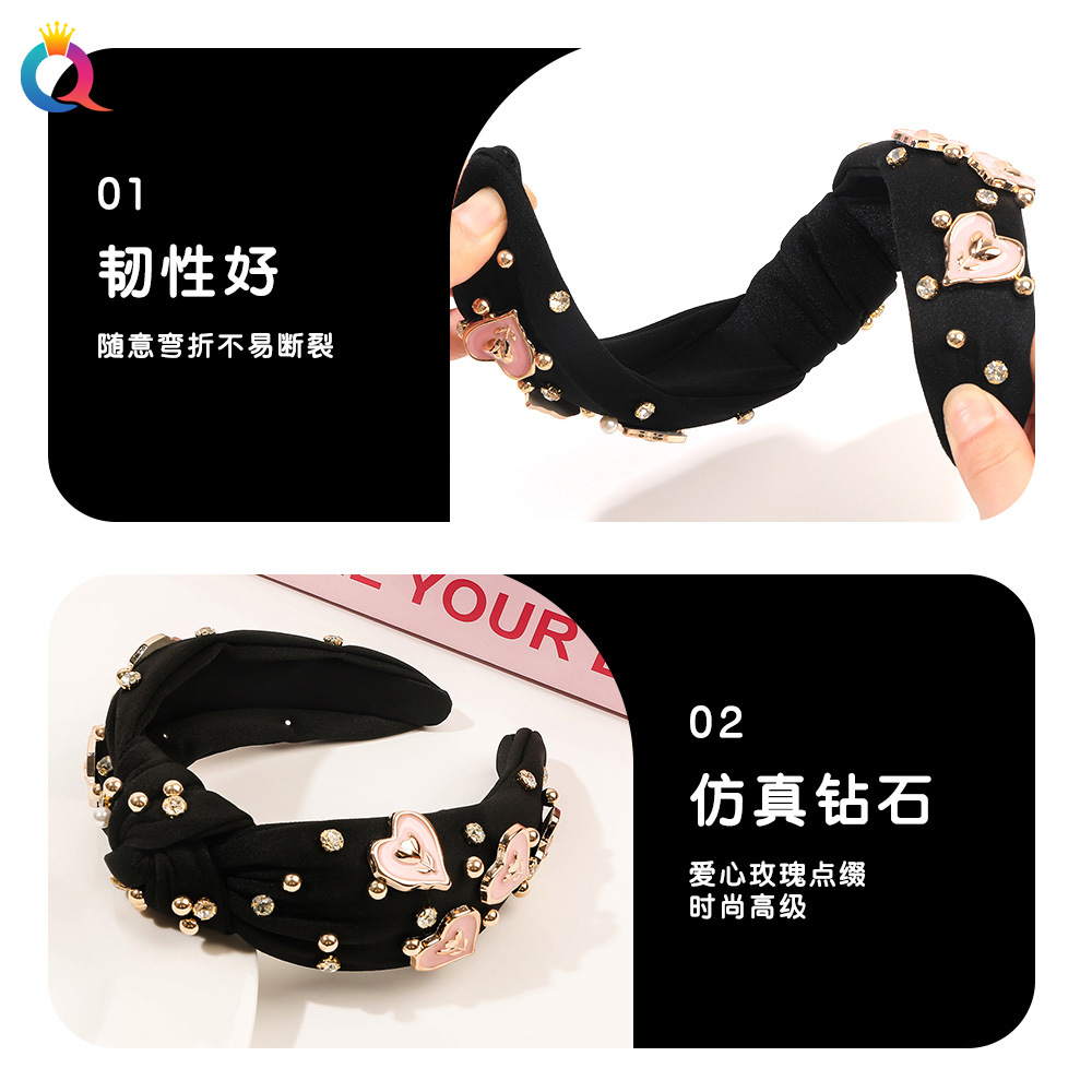 Qiyue Cross-border European and American fashion fabric diamond-encruted hair bands, high skull top pressure hair, face wash hair hole headbands, hair accessories wholesale Specification drawing