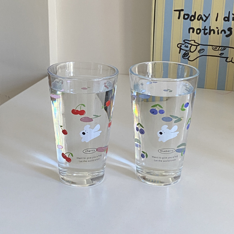 Homemade cool summer cherry blueberry puppy glass cup, cartoon hook juice cup, cold drink cup, large coffee cup Application Scenario