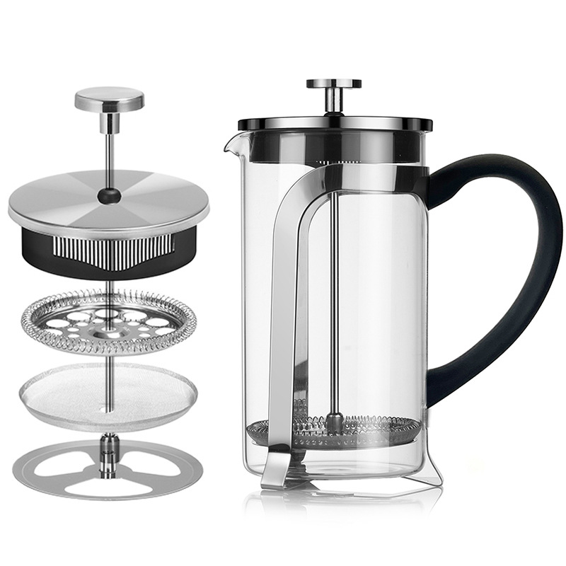 High appearance level French press, filtering coffee, hand brewing pot, home sharing pot, heat-resistant high borosilicate glass tea infuser full figure