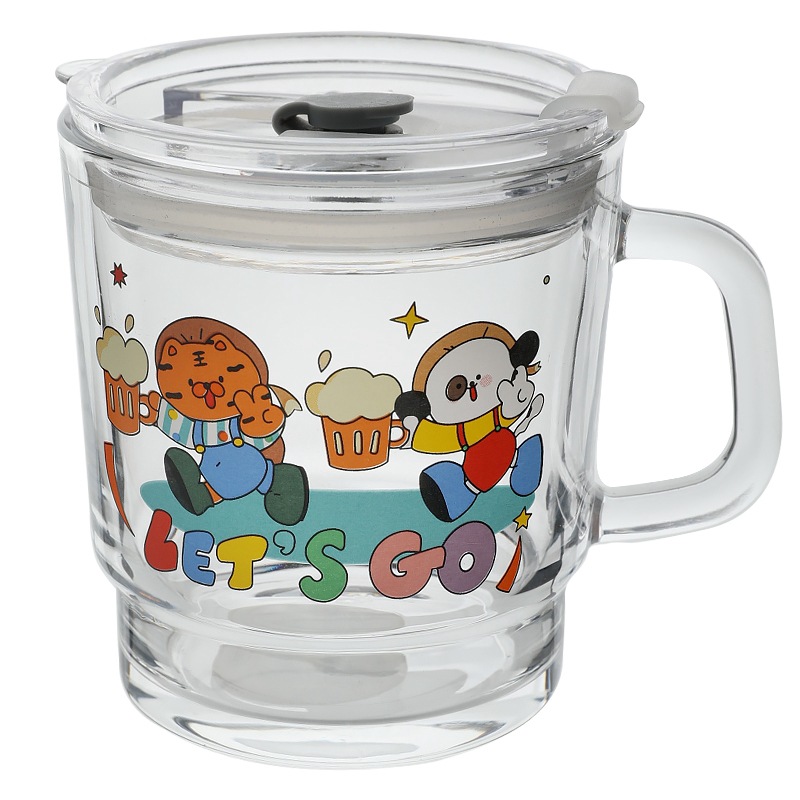 Wholesale of Bolimei designer cartoon pattern glass cups, student water cups with LIDS, drinking cups Item Picture