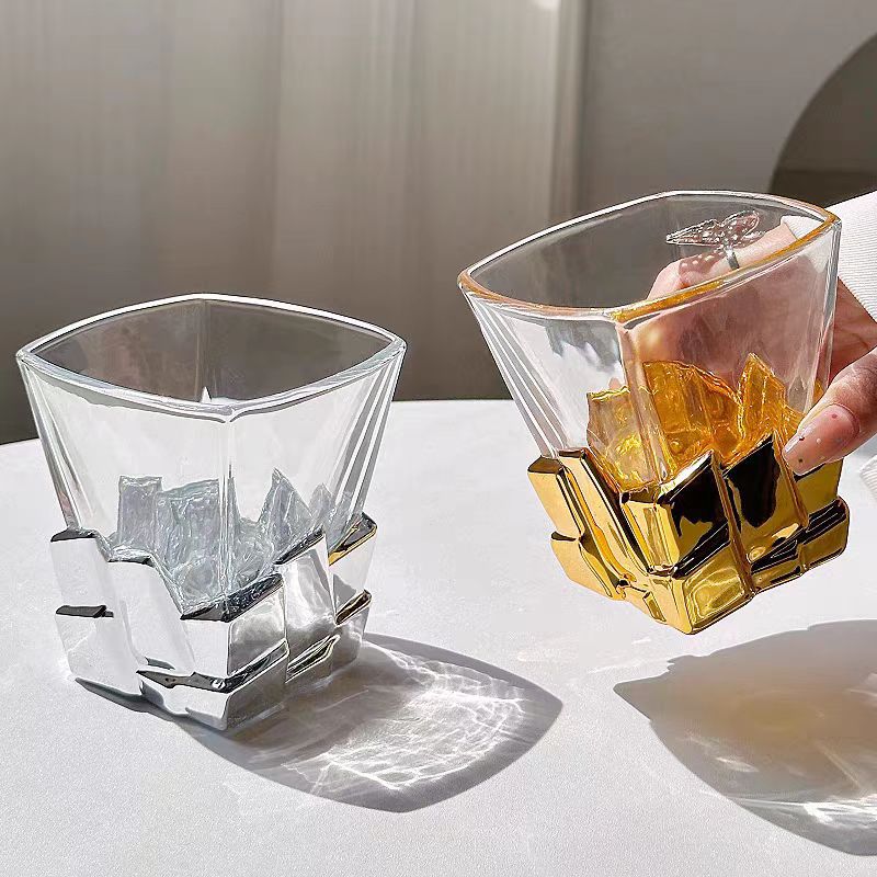 Creative light luxury glass cups, high-end water cups, whisky cups, space gold ice cube cups, artistic limited edition wine glasses details Picture