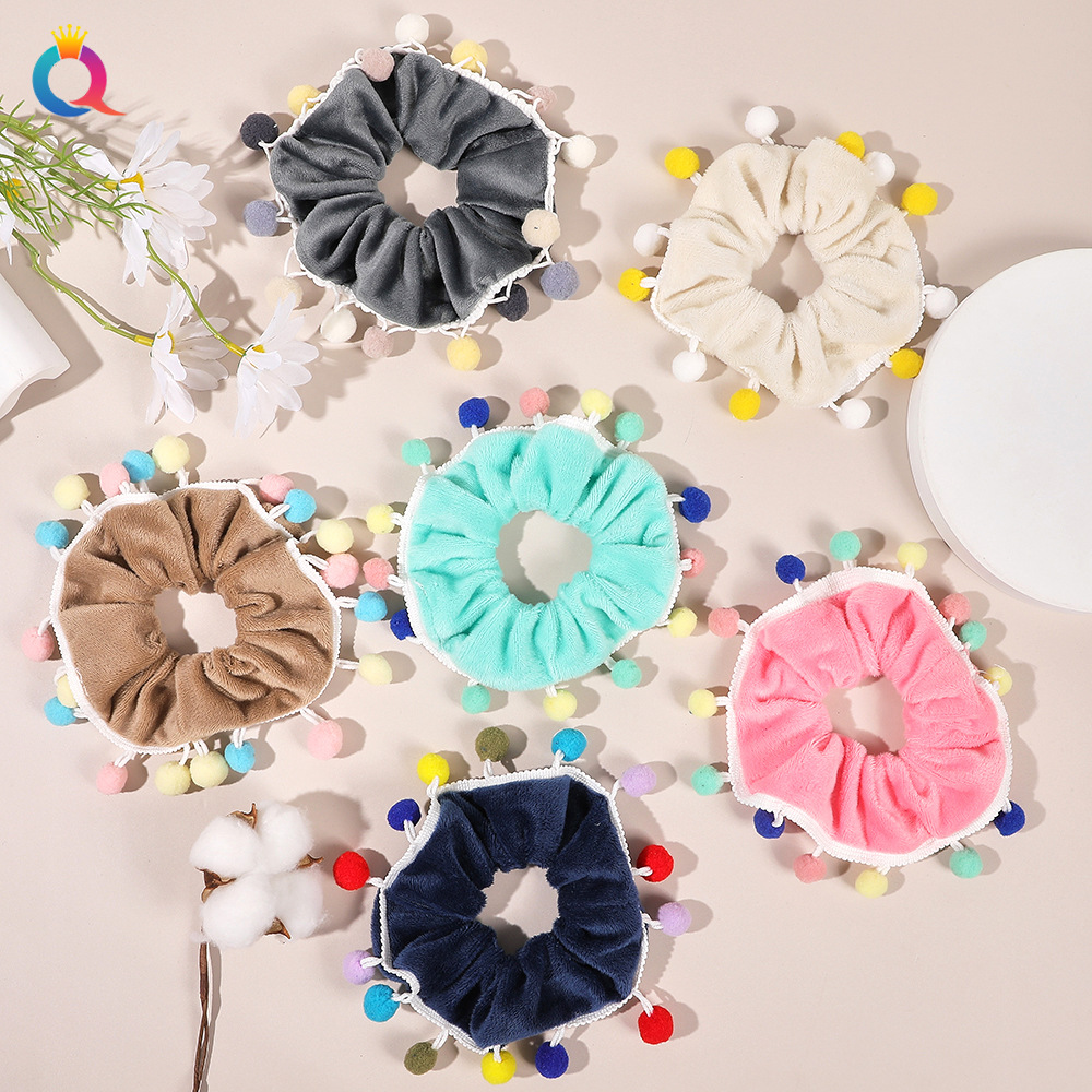 Wholesale of new Qiyue Cross-border pig large Intestine hair bands, colorful pom-pom plush hair bands, and fluffy large intestine hair accessories full figure