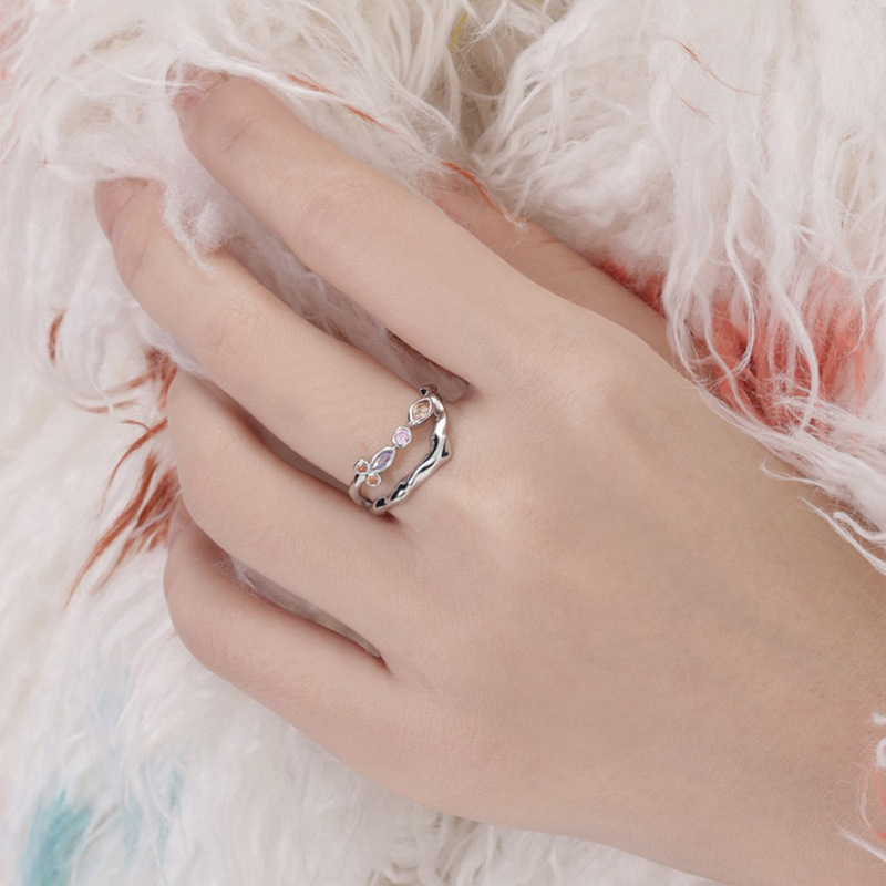 Sweet and cool style colored zircon double-layer open ring, ins, cold style, light luxury, high-end, elegant and fashionable food ring full figure
