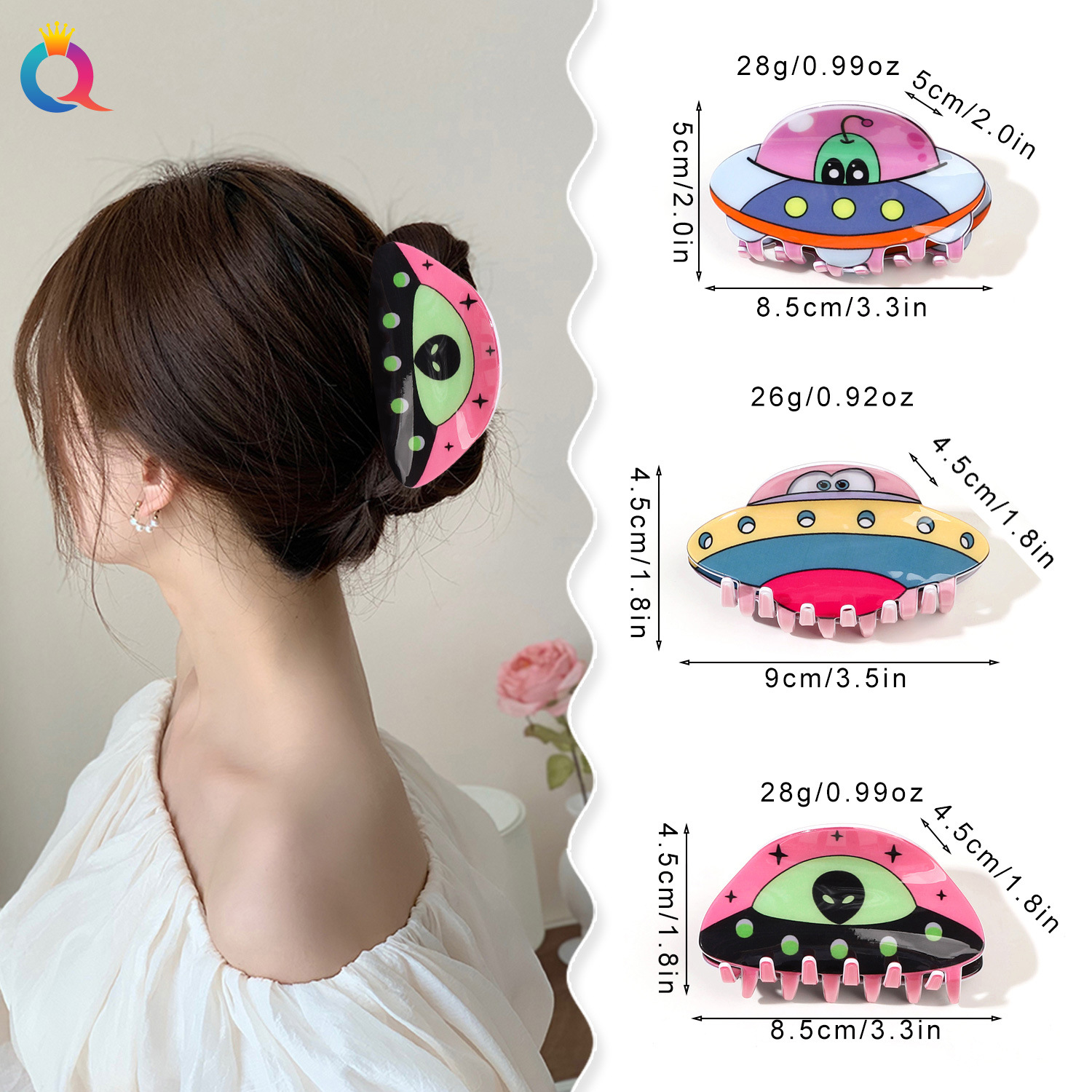 Qiyue Cross-border Acrylic alien spaceship hair clip, back head updo hair clamp, high-end shark clip hair accessory wholesale details Picture