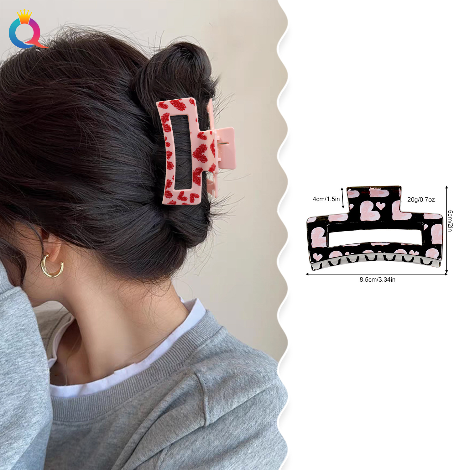 Qiyue Cross-border Valentine's Day Love Hair Clip, simple printed bun hair clamp, high-end shark clip hair accessory wholesale details Picture