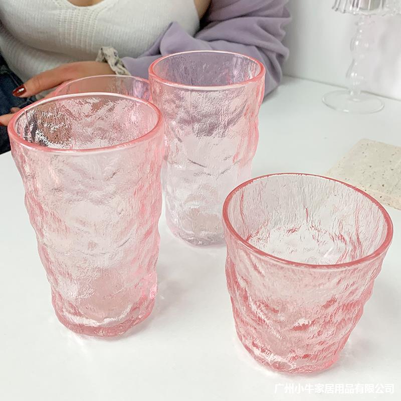 New ins glacier pattern glass cups, pink and girlish, high appearance level, bark pattern cups, water cups, juice cups and coffee cups Specification drawing