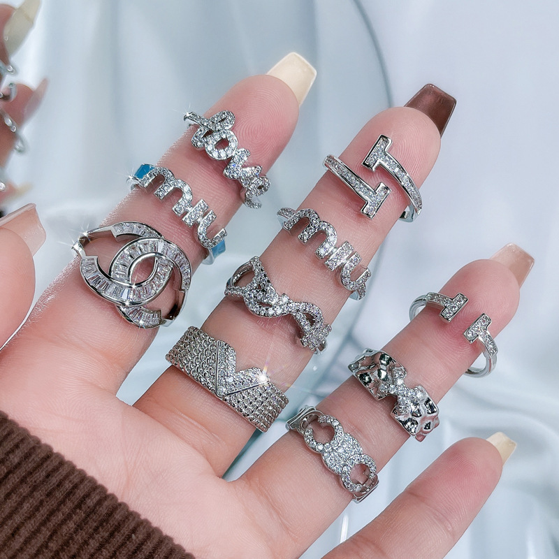 Simple letter zircon light luxury high-end open ring for women's ins cold style versatile, fashionable and exquisite index finger ring details Picture